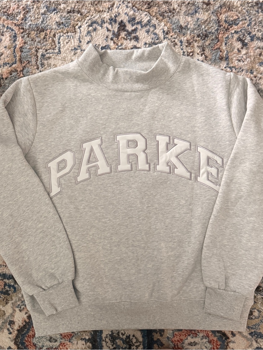 PARKE Varsity Mockneck Fleece Pullover Sweatshirt Gray/White Logo S/M NIB